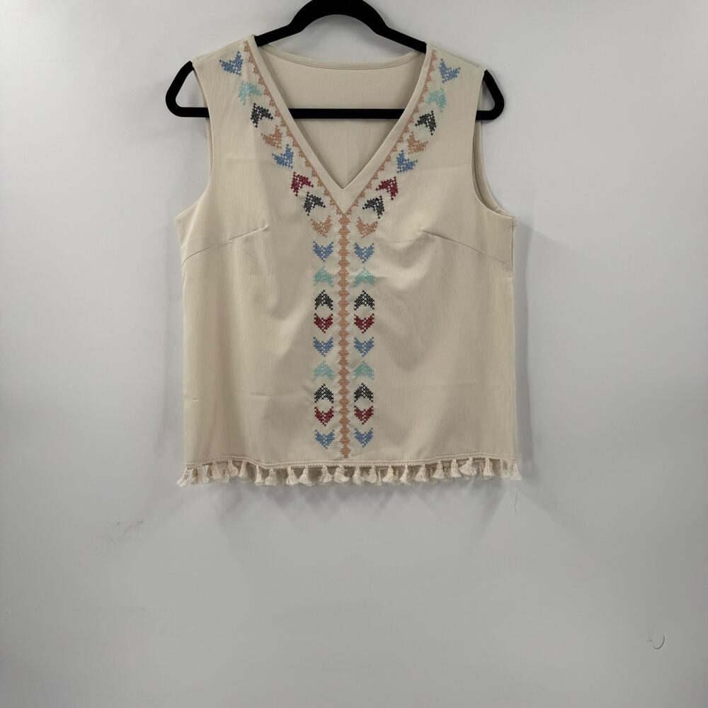 Cream Western embroidered tassel tank top